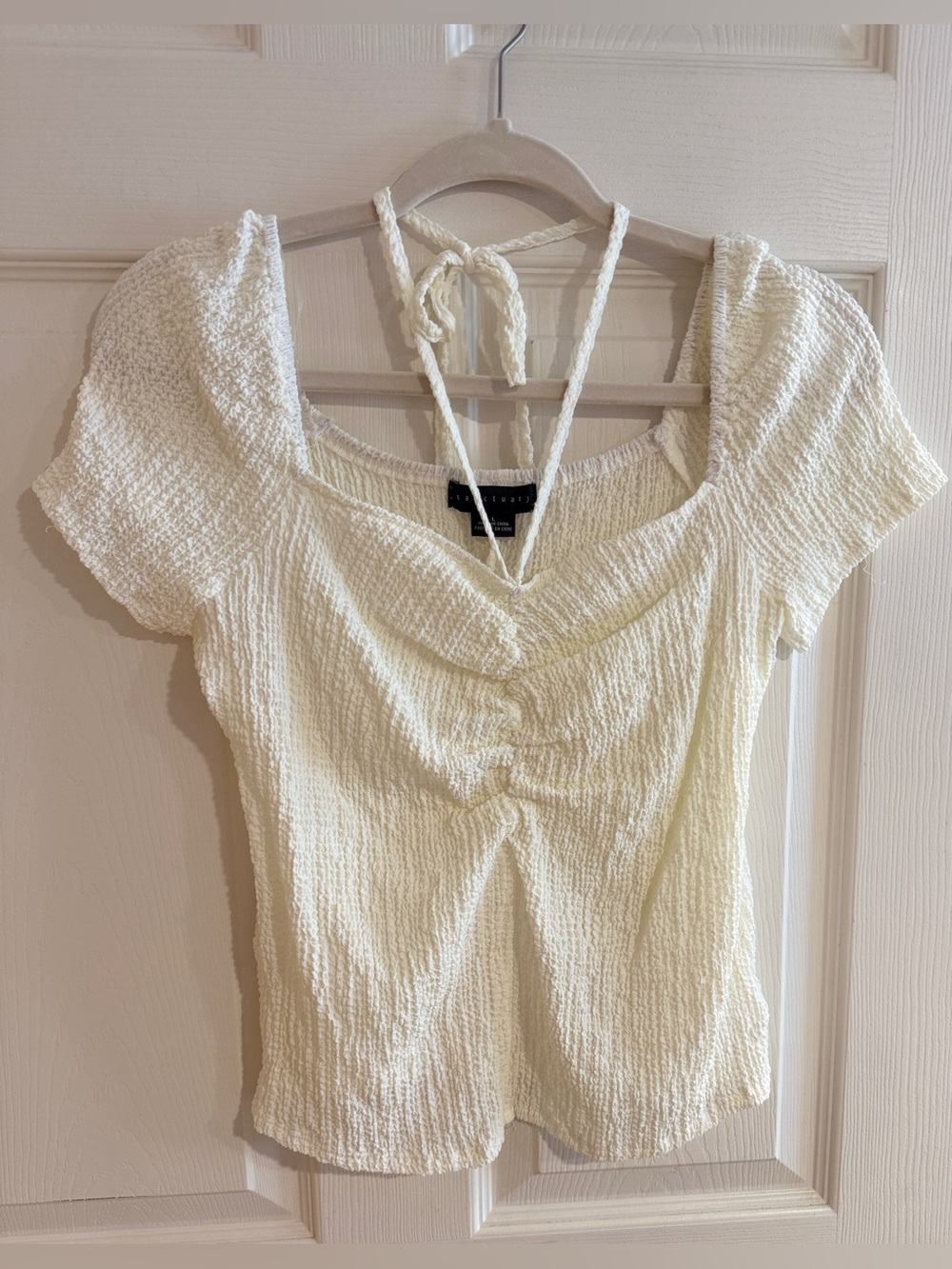 Sanctuary White Textured Ruched Top Size Large NWOT Cottagecore Boho - Picture 2 of 7